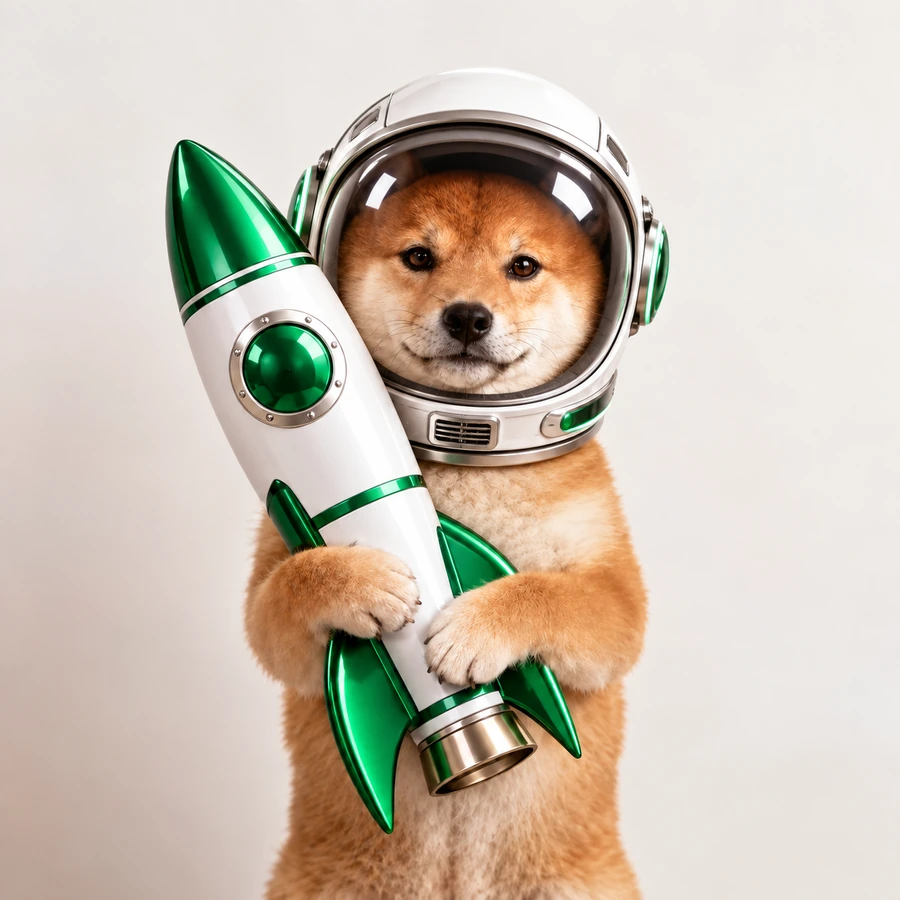 Shiba Inu astronaut holding a green and white rocket